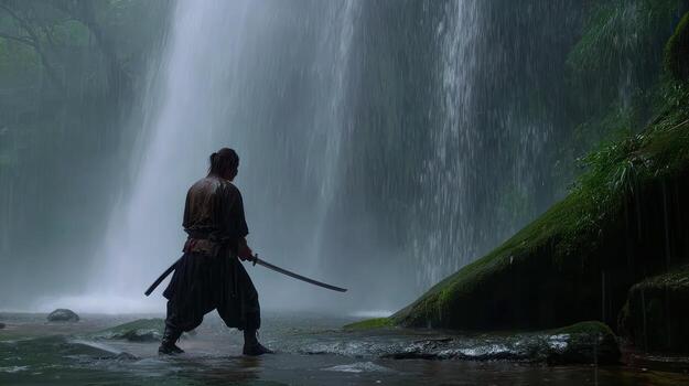 Samurai warrior standing near waterfall edge with sword and dramatic lighting photo