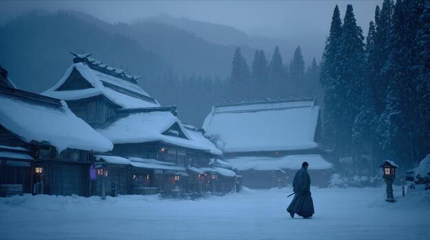 Snow covered village with buildings and figures in a cold atmospheric scene photo