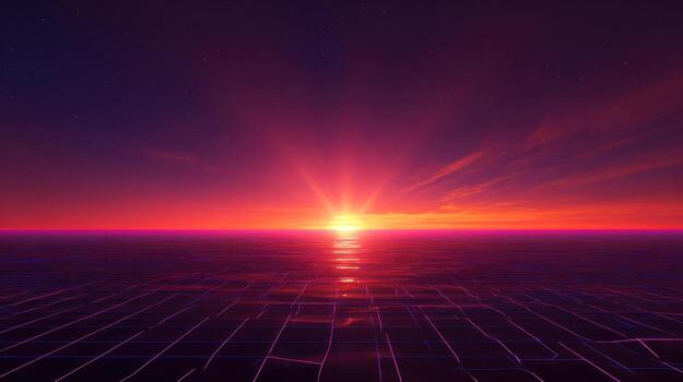 Dramatic sunset over reflective water with grid pattern perspective photo