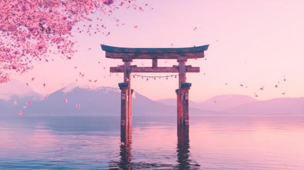 Tranquil torii gate on calm water with cherry blossoms in soft light photo