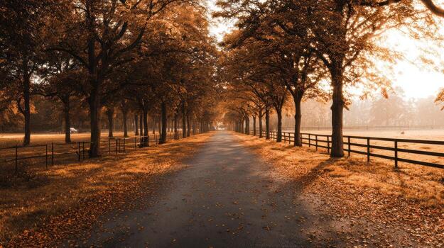 Road lined with trees in autumn sunlight perfect for backgrounds photo