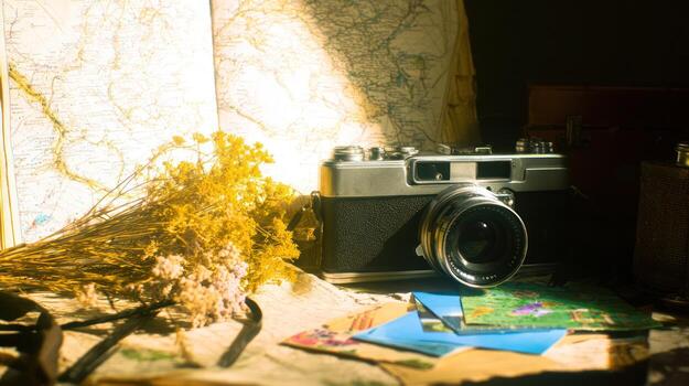Vintage camera and maps with dried flowers and sunlight photo