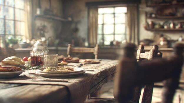 Rustic kitchen table setting with food and sunlight streaming through window photo