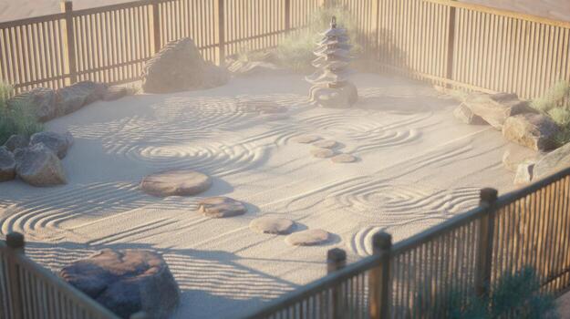 Zen garden view with sand and stones for relaxation and meditation photo