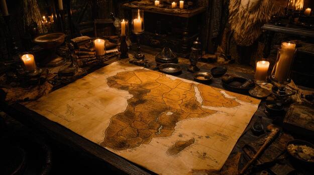 Ancient map of africa illuminated by candlelight on a wooden table photo
