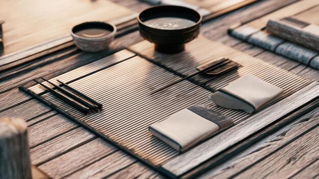 Minimalist japanese table setting with bowls chopsticks and decorative elements photo