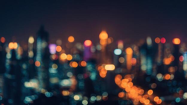 Blurred cityscape at night with illuminated buildings and bokeh effect photo