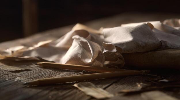 Close up of pencils and paper on a wooden surface with soft light photo