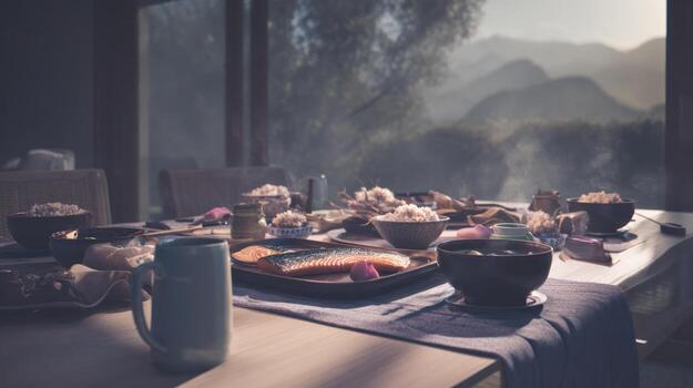 Dining table set with food and drinks in front of a window with mountain view photo