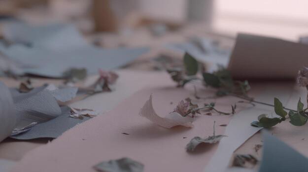Close up of scattered paper pieces and plants on a surface neutral scene photo