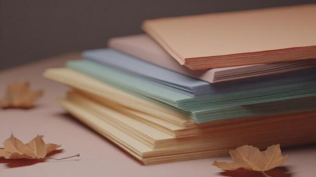 Stack of colored paper sheets with autumn leaves on a soft surface photo