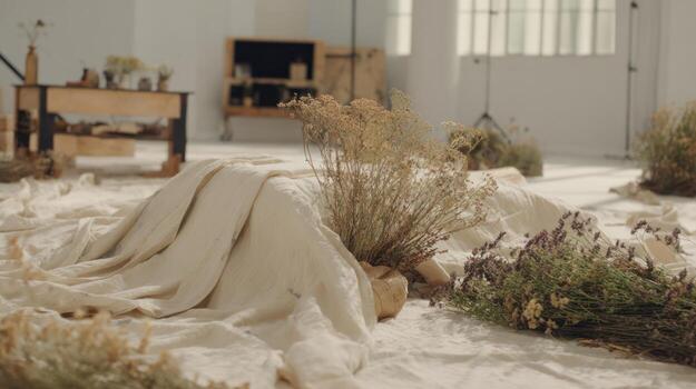 Minimalist studio setup featuring draped fabric and natural elements decor photo