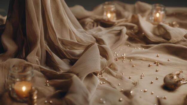 Elegant draped fabric with candles and decorative elements for soft background photo