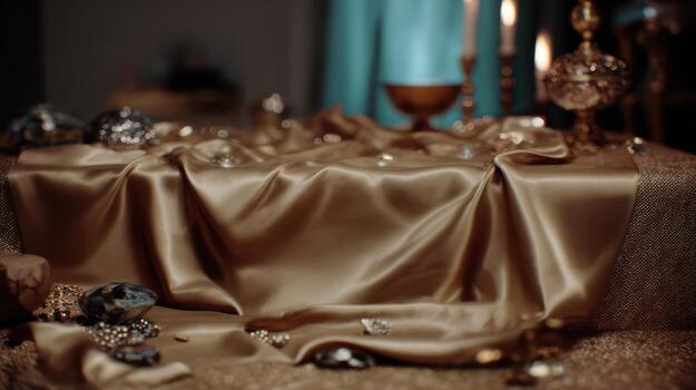 Elegant golden fabric draped on a table with decorative elements photo