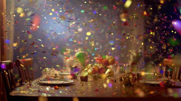 Celebration scene with confetti falling over a festive dining table photo