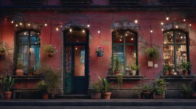 Charming storefront at dusk with string lights and potted plants exterior view photo