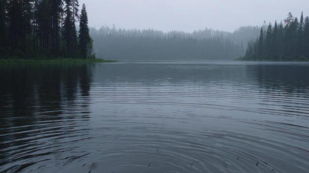 Calm lake scene with forest and misty atmosphere under overcast skies photo