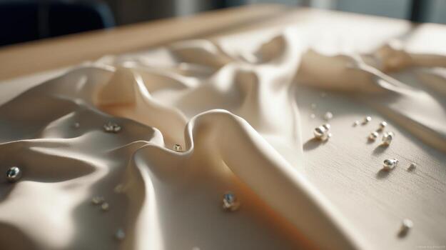 Elegant satin fabric with embedded elements illuminated by soft natural light photo