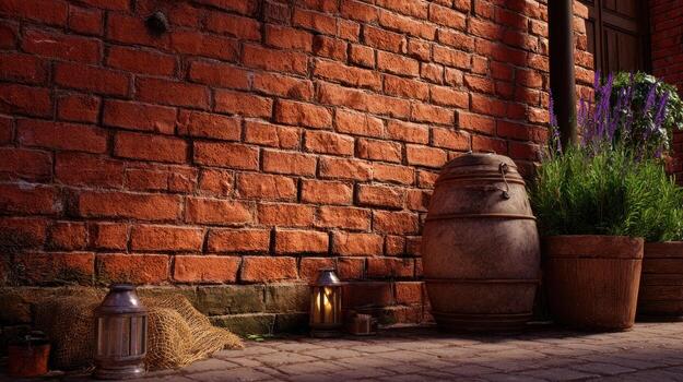 Rustic brick wall with decorative elements and natural light photo