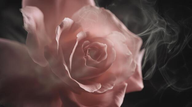 Close up of a delicate pink rose with wisps of smoke against a dark background photo