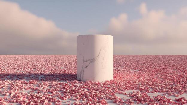 Abstract cylinder platform in pink field with sky background photo