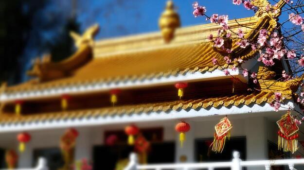 Traditional architecture with decorative elements and blossoming branches photo