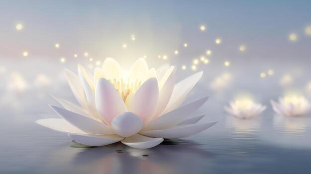 elegante blanco loto flor flotante sereno agua con brillante partículas foto