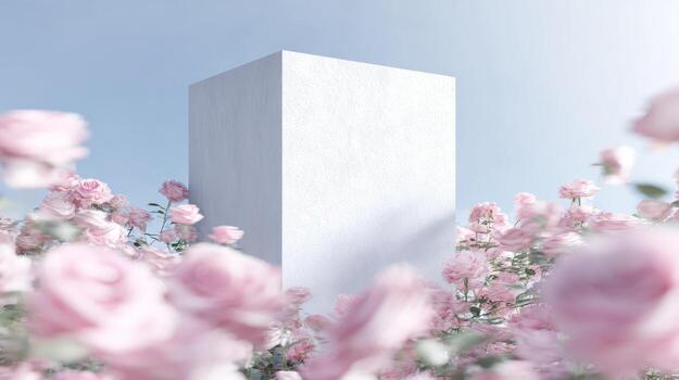 Abstract geometric structure surrounded by soft pink rose flowers photo