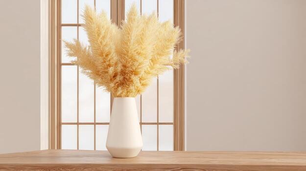 Elegant pampas grass in vase on table by window with soft lighting photo