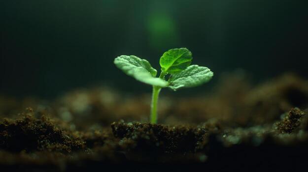 Young plant emerging from soil with green leaves against a dark background photo