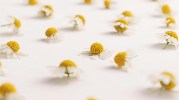 Chamomile flowers pattern on white background overhead view fresh natural photo