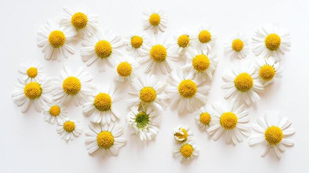 Chamomile flowers arranged on white surface overhead view for design photo