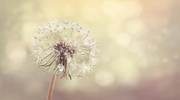 Close up of a delicate dandelion clock with water droplets soft focus background photo
