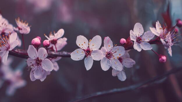 cerca arriba de delicado Cereza flores floreciente en un rama en suave ligero foto