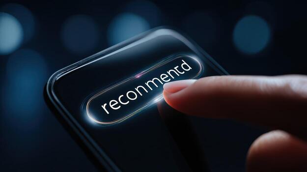 Finger pressing illuminated recommend button on a smartphone screen photo