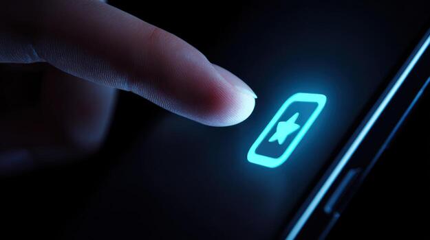 Finger presses star icon on illuminated smartphone screen dark background photo