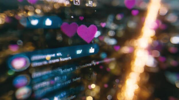 Social media interface with heart icons and blurry background bokeh effect photo