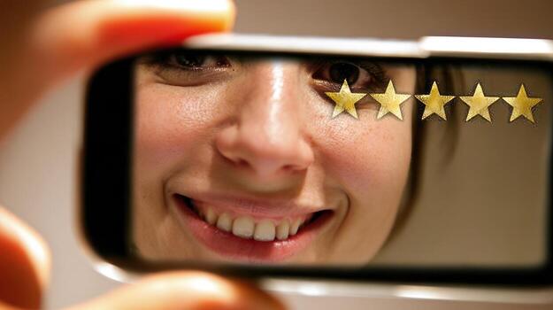 Womans face reflects in smartphone display with five star rating photo