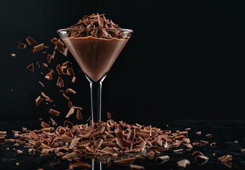 Martini glass displays rich chocolate milk, accompanied by scattered chocolate shavings on a dark surface, creating an inviting dessert experience photo