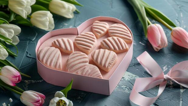 un rosado en forma de corazon Galleta regalo caja muestra varios galletas con a rayas patrones y es rodeado por Fresco tulipanes en un texturizado superficie foto