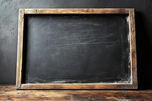 Chalkboard shows worn surface with faded chalk marks, placed on a wooden table providing a rustic ambiance in a dimly lit room photo