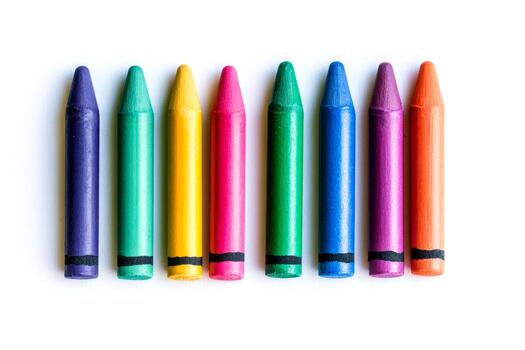 Ten vibrant crayons in various colors are neatly aligned on a plain background, showcasing their cheerful hues and simple design photo