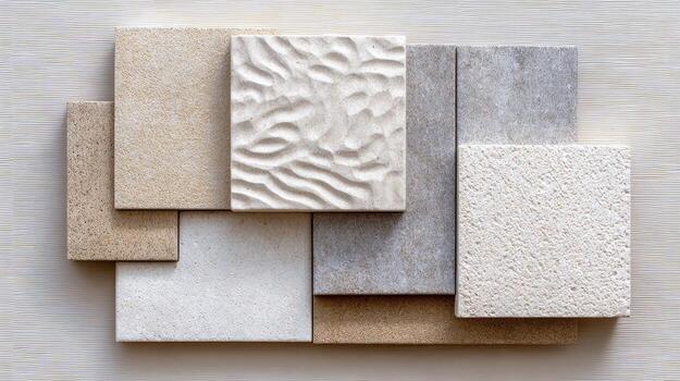 Stylish display of textured tiles highlights different patterns and shades for modern interior design inspiration photo