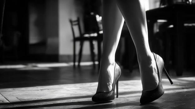 Long slim legs showcased in high heels move smoothly across a modern setting filled with light and shadows photo