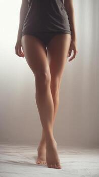 Soft light illuminates female legs, highlighting form and grace while creating a calm, inviting atmosphere indoors photo