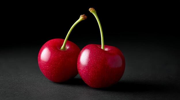 Two bright red cherries with green stems sit against a dark backdrop, highlighting their glossy texture and vibrant color photo
