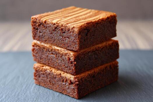 Three delicious peanut butter brownies are neatly stacked, highlighting their dense texture and attractive swirl pattern for dessert lovers photo
