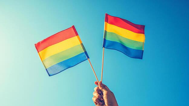 Rainbow flags are proudly held in hand, symbolizing unity and diversity against a bright blue sky photo