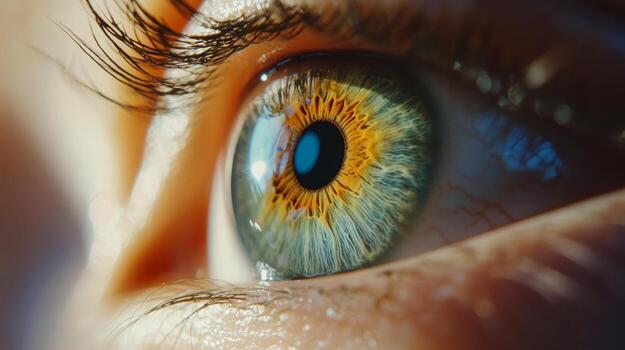 Exploring the stunning detail of a human eye with a rainbow iris, revealing vivid colors and intricate patterns in natural light photo