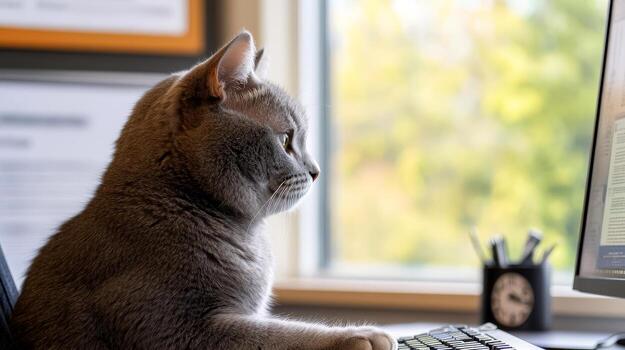 un gordito gris gato se sienta atentamente a un escritorio, mirando a el computadora pantalla en un contemporáneo espacio de trabajo con natural ligero foto